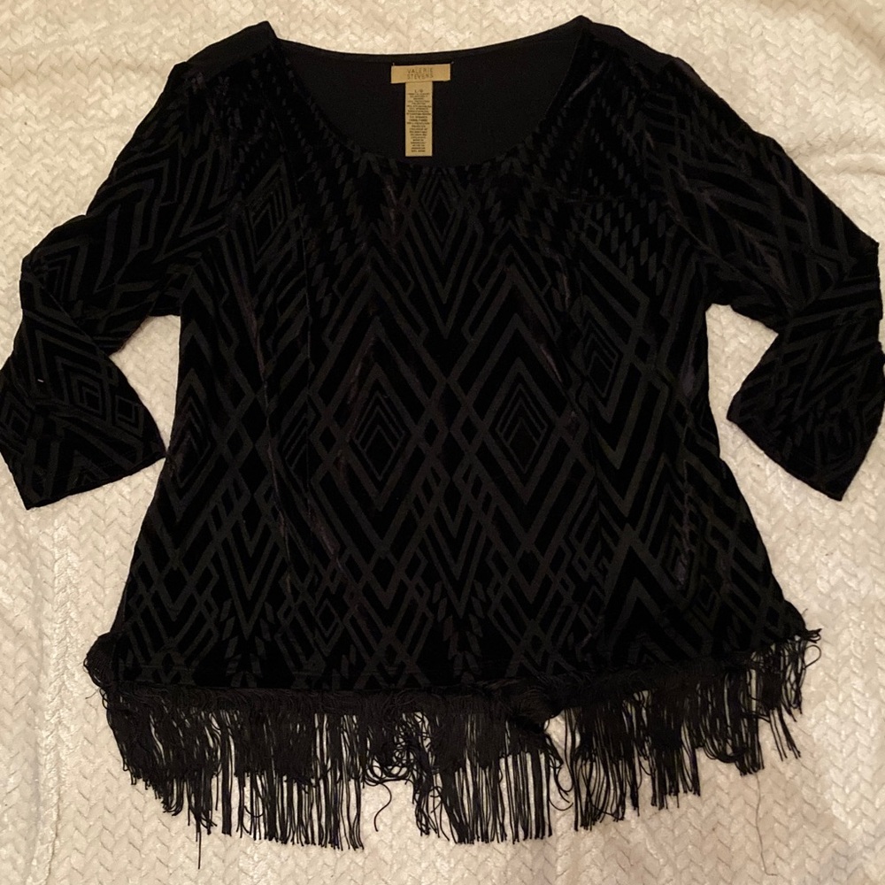 Valerie Stevens Black Geometric Fringe Blouse